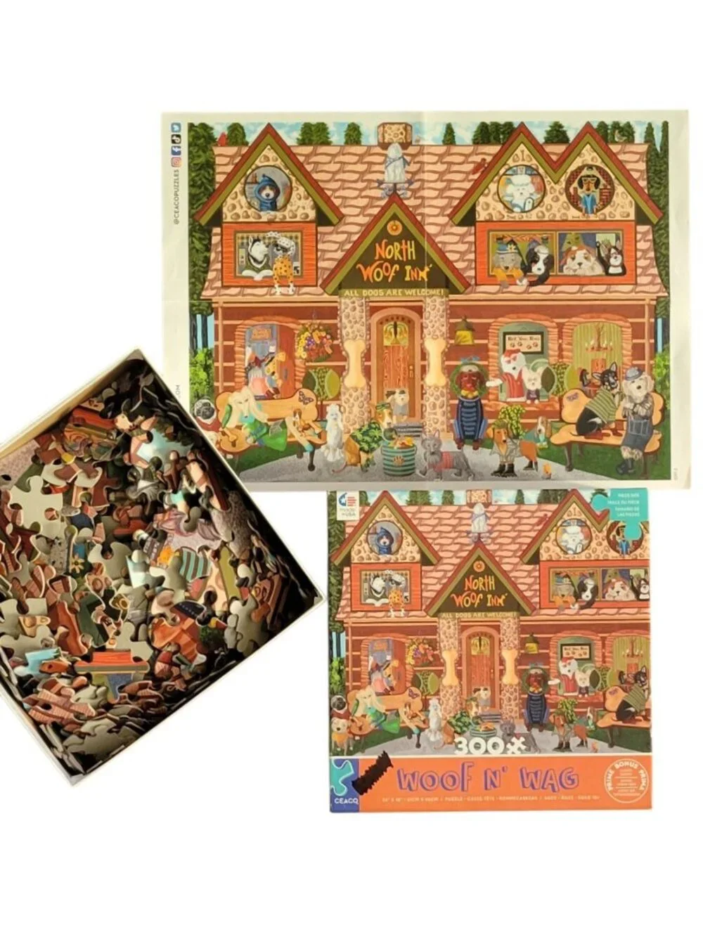 Ceaco Woof N' Wag 300 Pc Puzzle Lot of 2 Dogs Woofland Amusement North Woof Inn